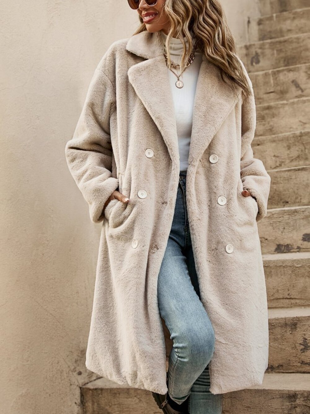 Apricot Casual Women's Drop Shoulder Double Breasted Teddy Coat - Picture 3 of 6